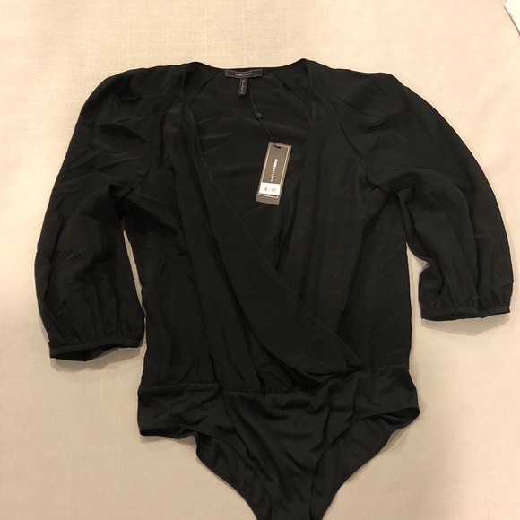 BCBG Bodysuit Black Pleated-Shoulder Faux-wrap - Picture 4 of 9